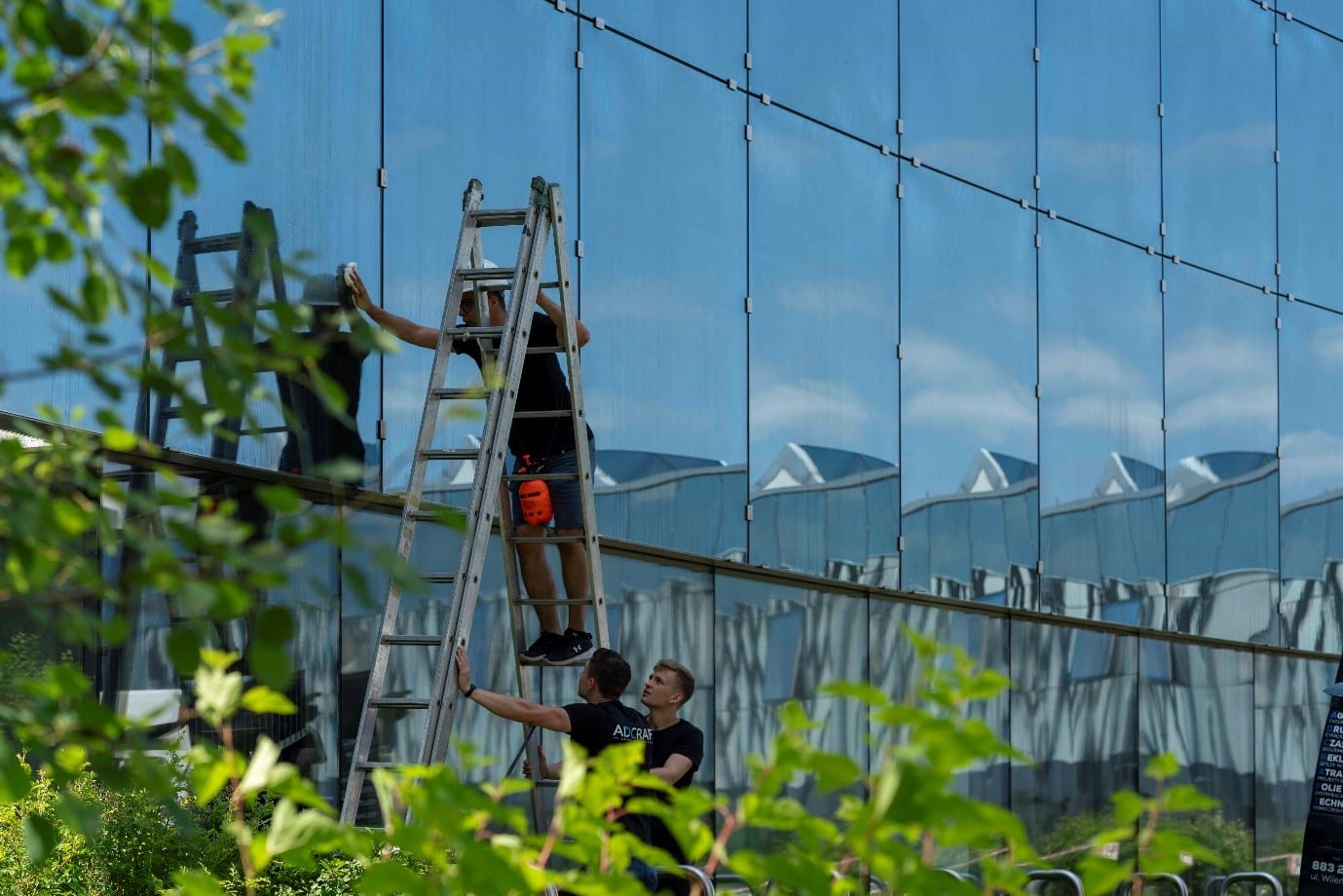Two installers applying BirdShades film to the outside of a mirrored glass building