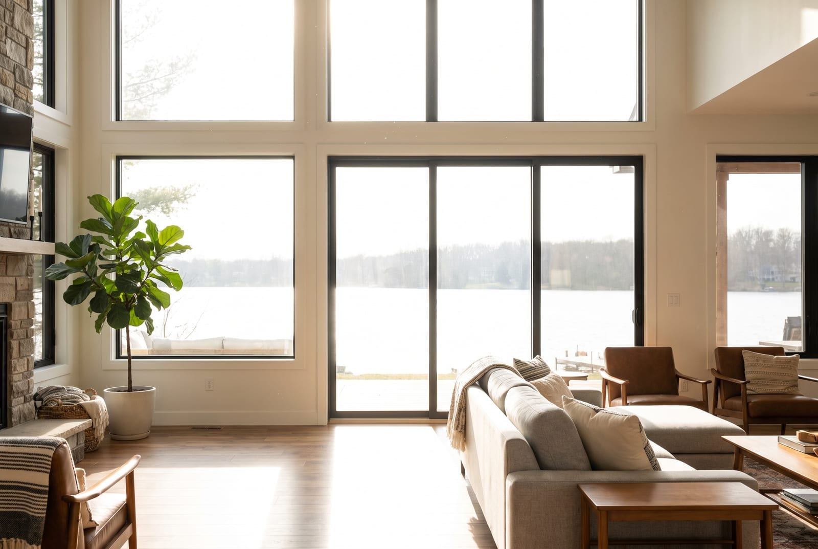 Living room with bare windows: harsh glare and a washed-out view