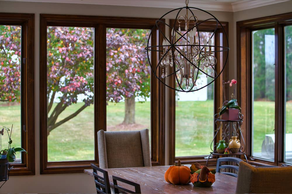 Dining room with large windows, window film simulation