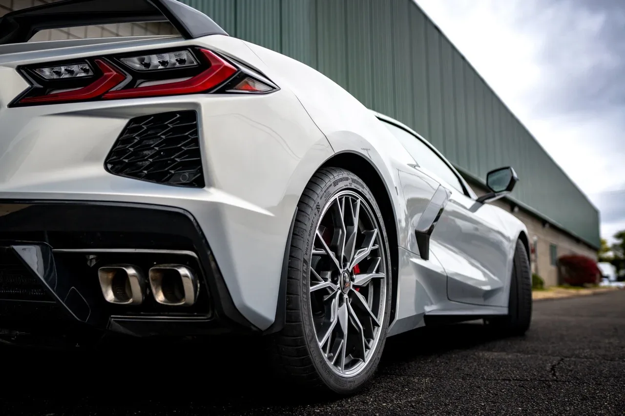 White Corvette C8, rear three-quarter view