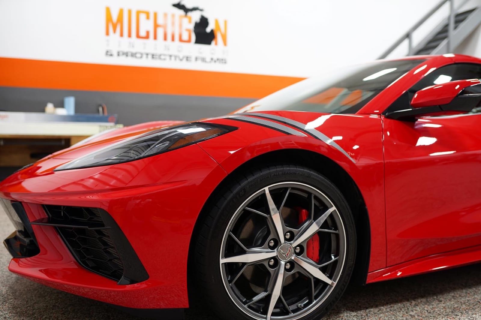 Red Corvette C8 with full front paint protection film