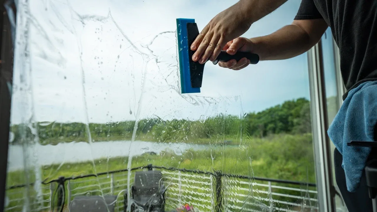 Squeegeeing window film with a lake view beyond