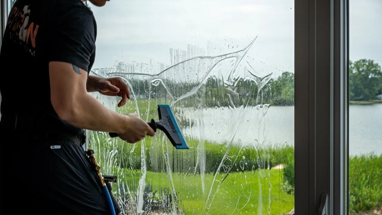 Installing film on a picture window overlooking a lake