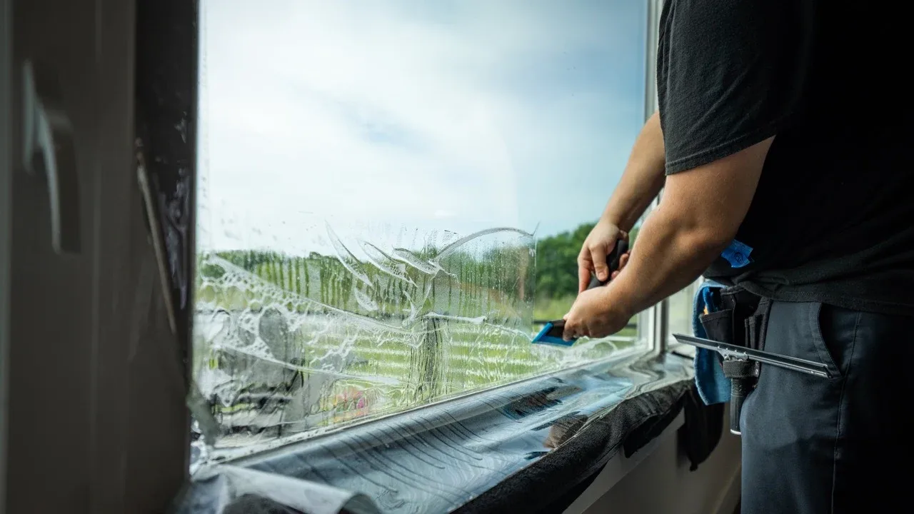 Applying window film on a brick-sill window