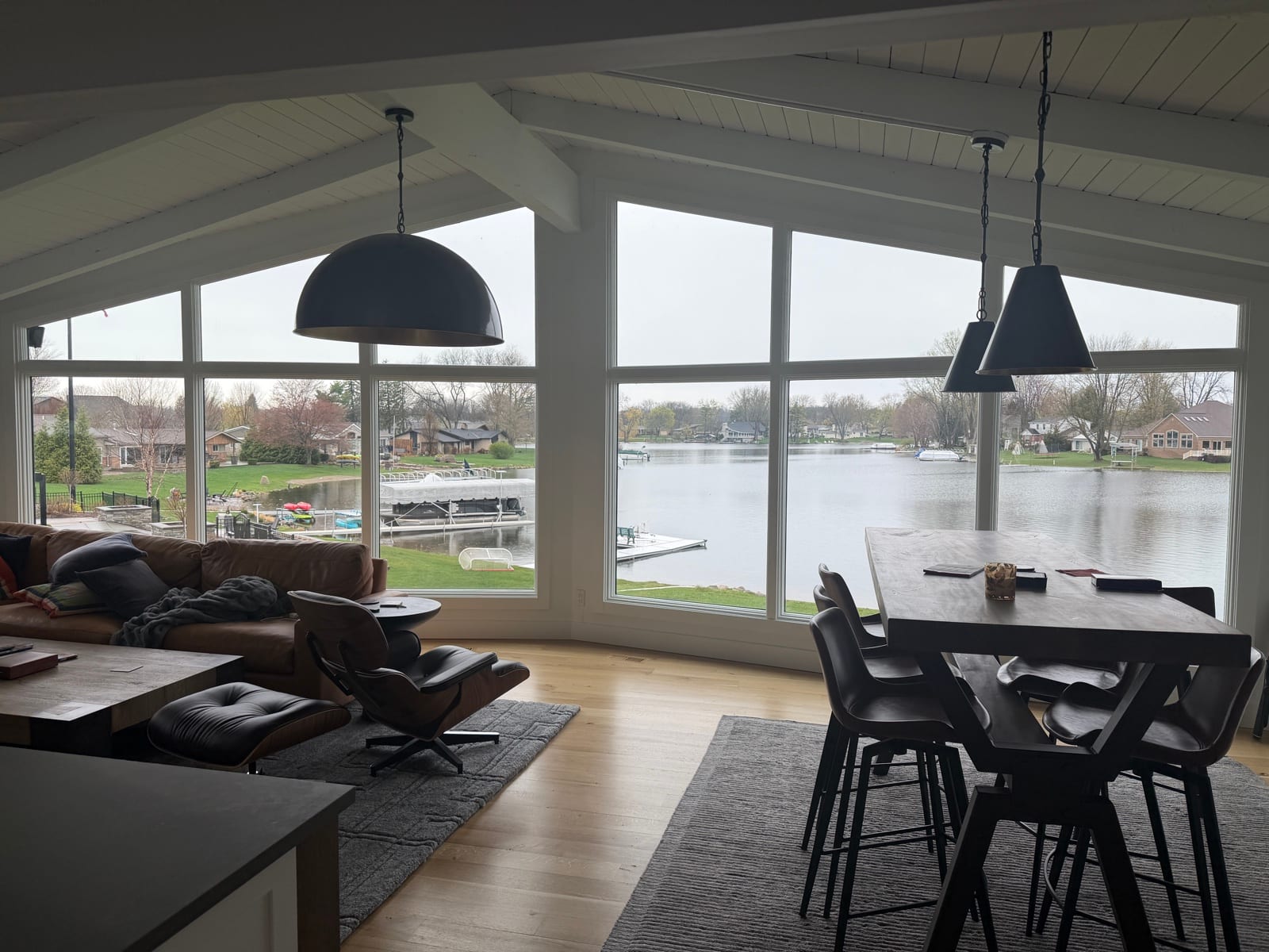 Dining room with tinted windows over the water